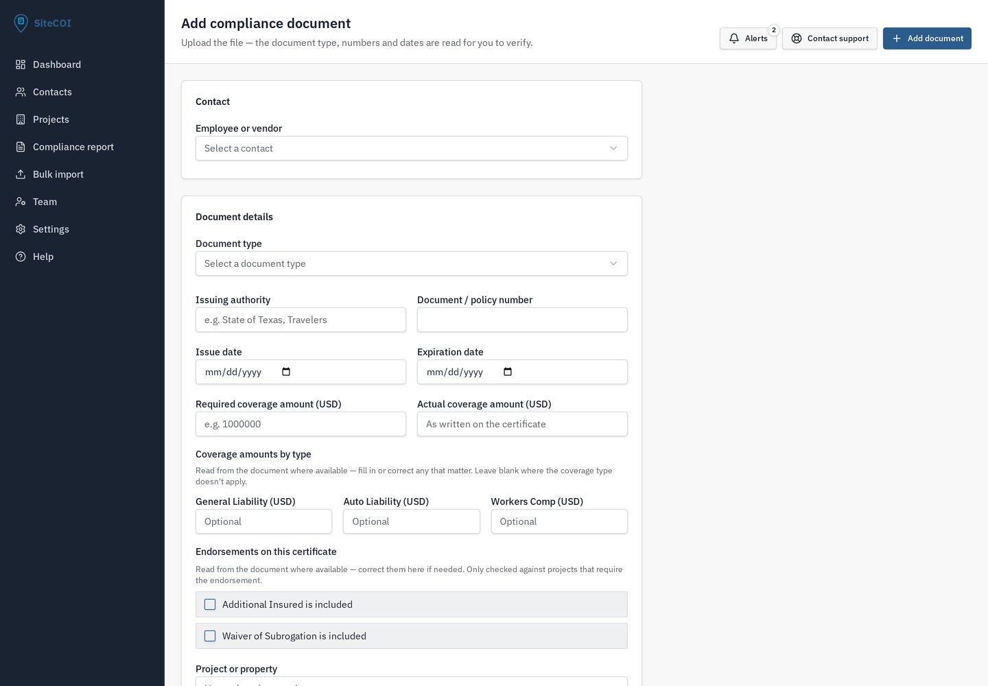 Add compliance document screen where the document type, policy number and dates are read from the upload for you to verify