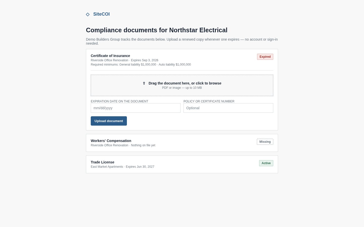Vendor self-service portal showing an expired certificate upload area and requested documents